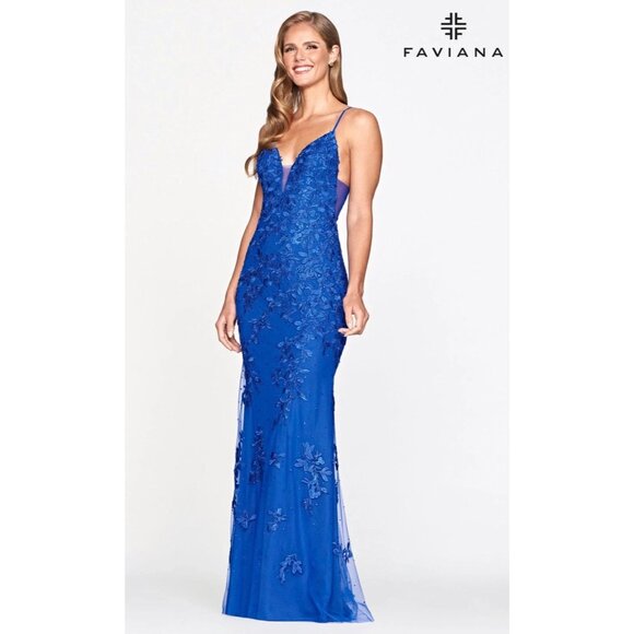 Faviana S10509 Royal Blue Long Gown Formal Dress Lace Embroidered 14 NEW $478 - Picture 1 of 13